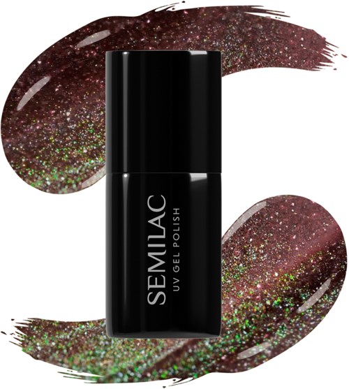 Svar flaske med SEMILAC UV gel neglelakk med glittery, mörkrøde malingsstrøk bak.