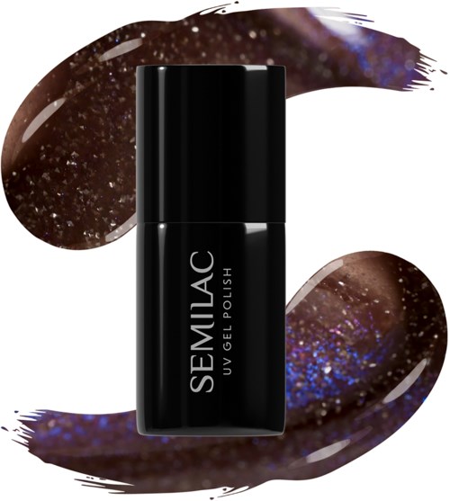 Svart neglelakkflaske merket 'SEMLAC UV GEL POLISH' med lilla og glittery bakgrunn.