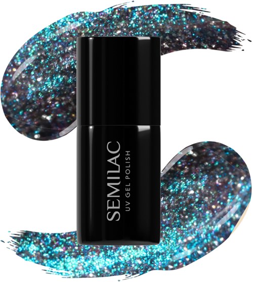 En sort neglelakflaske med mærket 'SEMLAC UV GEL POLISH' og en glitrende blå baggrund.