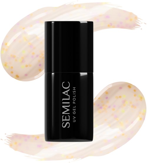 Black bottle labeled "SEMLAC UV GEL POLISH" with colorful streaks in background.