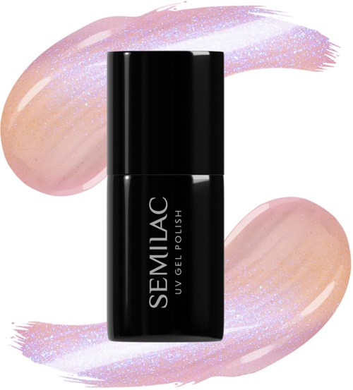 En sort flaske med SEMILAC UV-gel neglelak med farverige penselstrøg bagved.