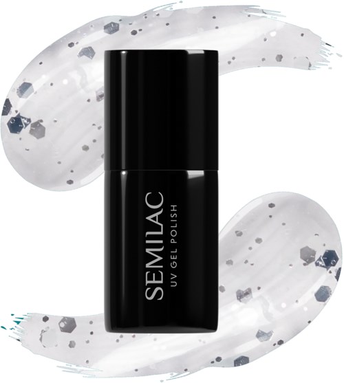 A black bottle of Semilac UV gel nail polish with white and silver sparkly background.