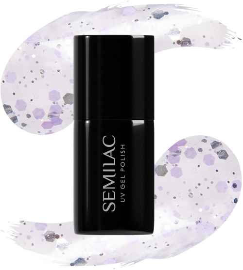 Black bottle of Semilac UV gel polish with a lavender and silver glitter background.
