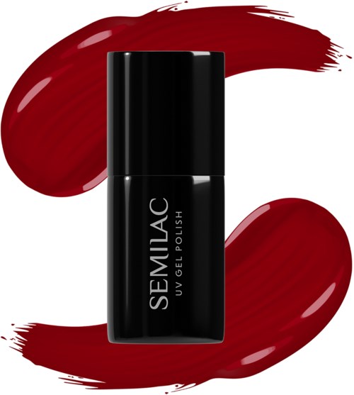 A black nail gel polish bottle labeled 'SEMLAC UV GEL POLISH' with red lipstick smudges around it.