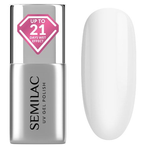 A silver nail polish bottle with a white cap and pink label stating up to 21 days wet effect.