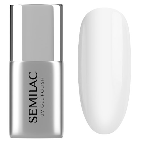 Silver nail polish bottle with a white nail on the side. The bottle reads SEMILAC UV Gel Polish.
