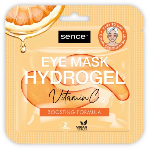 Opakowanie maski pod oczy Sence Hydrogel z witaminą C, wzmacniająca formuła, oraz ilustracja plasterków pomarańczy i ogórka.