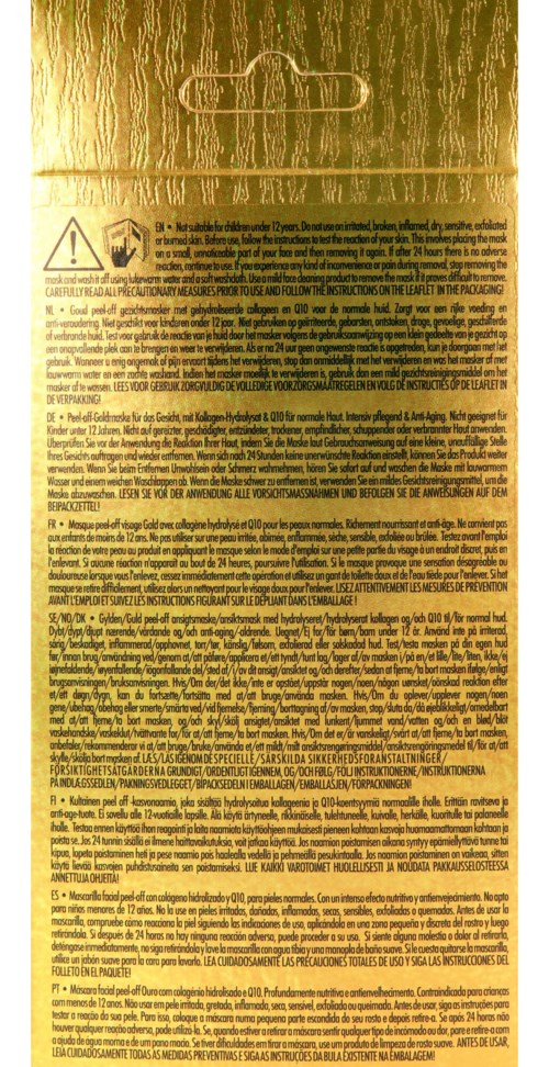 En gul förpackning med mycket liten text och en varningssymbol upptill. Förpackningen har ett hål för upphängning.