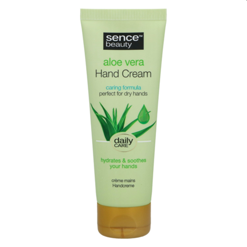 Zielona tubka kremu do rąk Sence Beauty aloe vera z brązowym zamknięciem i ilustracją liści i kropli wody.