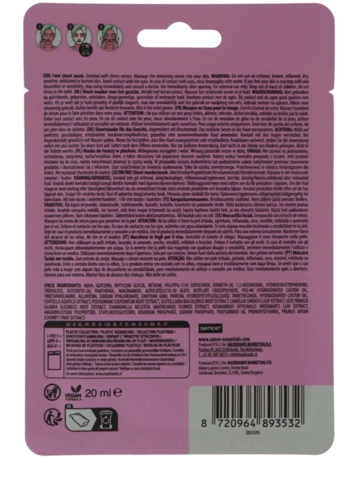 Różowa i fioletowa opakowanie produktu kosmetycznego z tekstem, kodem kreskowym i symbolami, w tym ikonami wegańskimi i recyklingu.