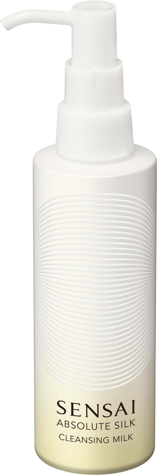 En vit flaska med pump, märkt Sensai Absolute Silk Cleansing Milk, med en enkel design och kurviga linjer.