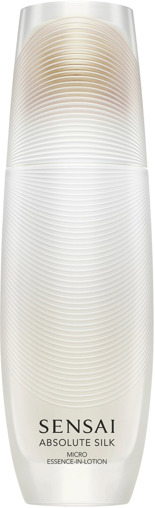 En lang, hvid flaske med en tekstureret, cirkulær mønster, mærket Sensai Absolute Silk Micro Essence-In-Lotion.