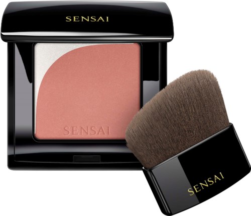 A blush compact with a two-tone pink shade and a black brush with brown bristles, labeled 'SENSAI'.