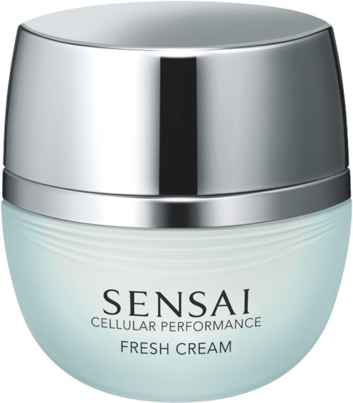 En vit burk med silverlock, märkt 'SENSAI Cellular Performance Fresh Cream'.
