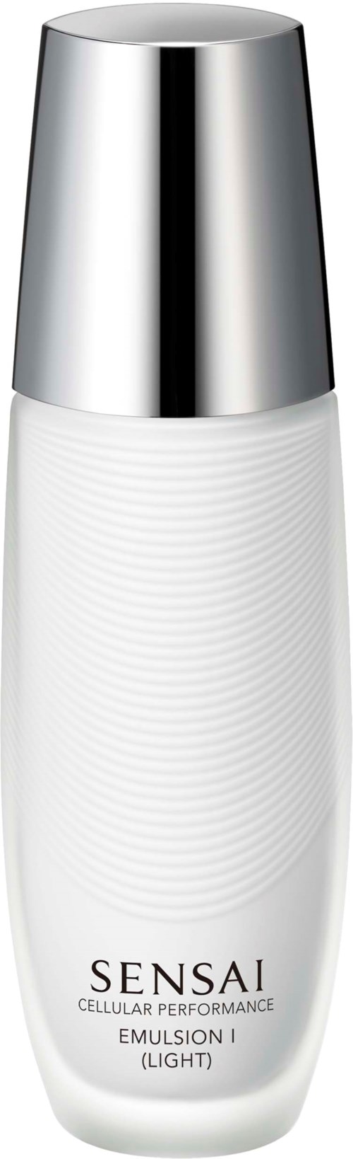 En vit flaska med silverlock, märkt Sensai Cellular Performance Emulsion Light.