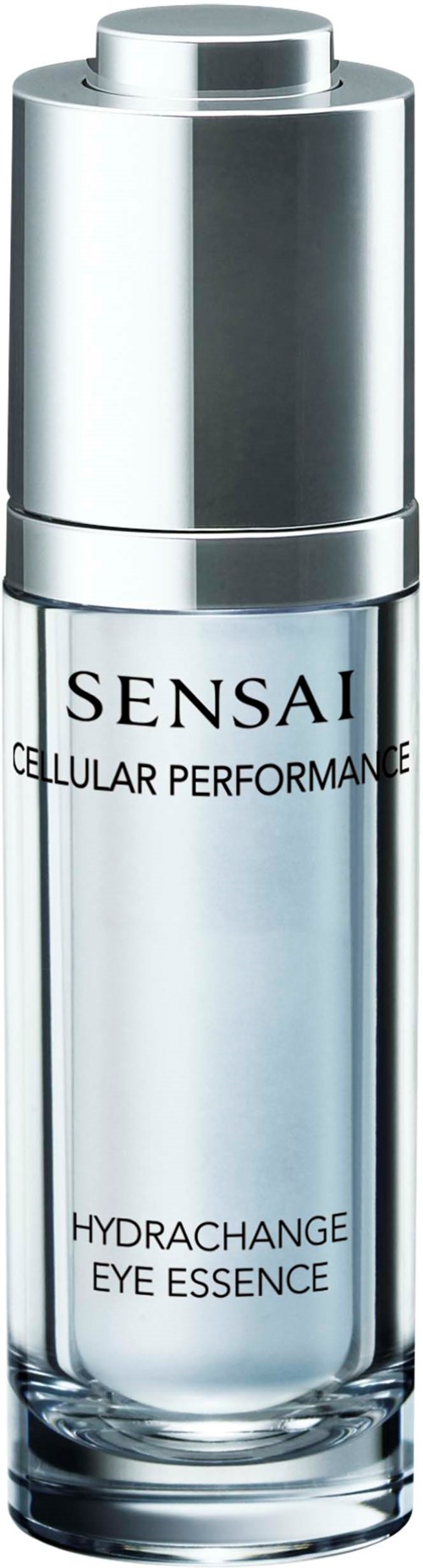 En lång, glänsande hudvårdflaska märkt 'Sensai Cellular Performance Hydracarge Eye Essence' med ett silverlock.