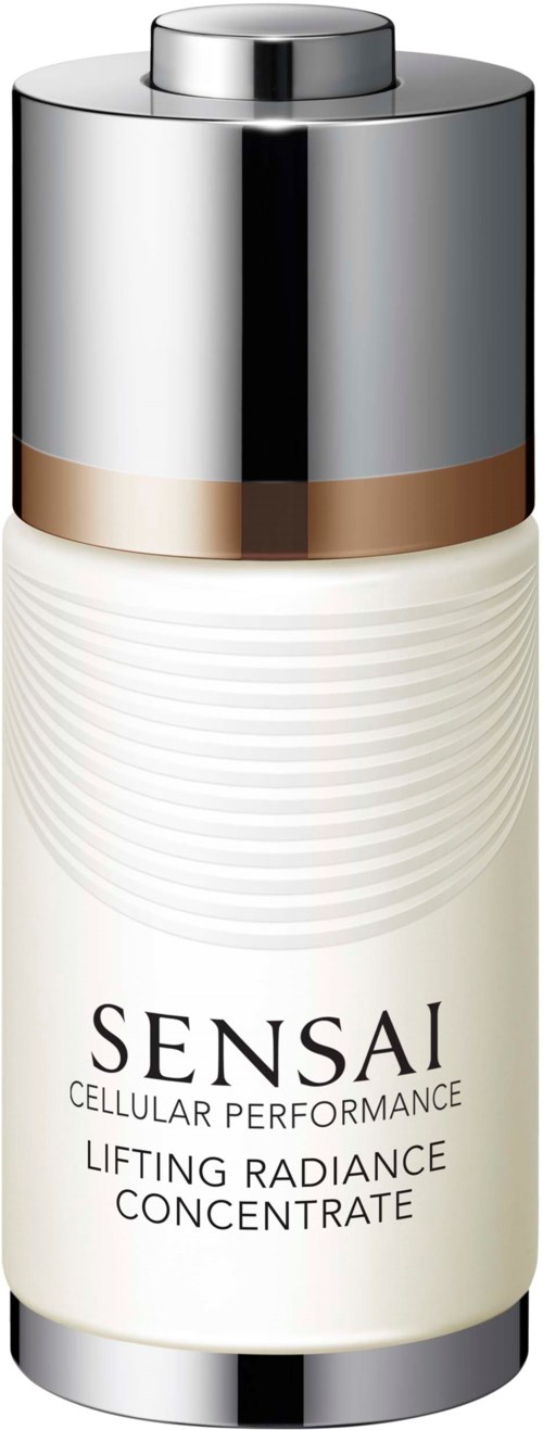 Biała butelka z srebrną nakrętką i etykietą, oznakowana 'Sensai Cellular Performance Lifting Radiance Concentrate.'