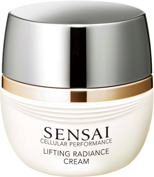 Ett litet burk med silverlock och vit kropp. Den är märkt "SENSIA Cellular Performance Lifting Radiance Cream."