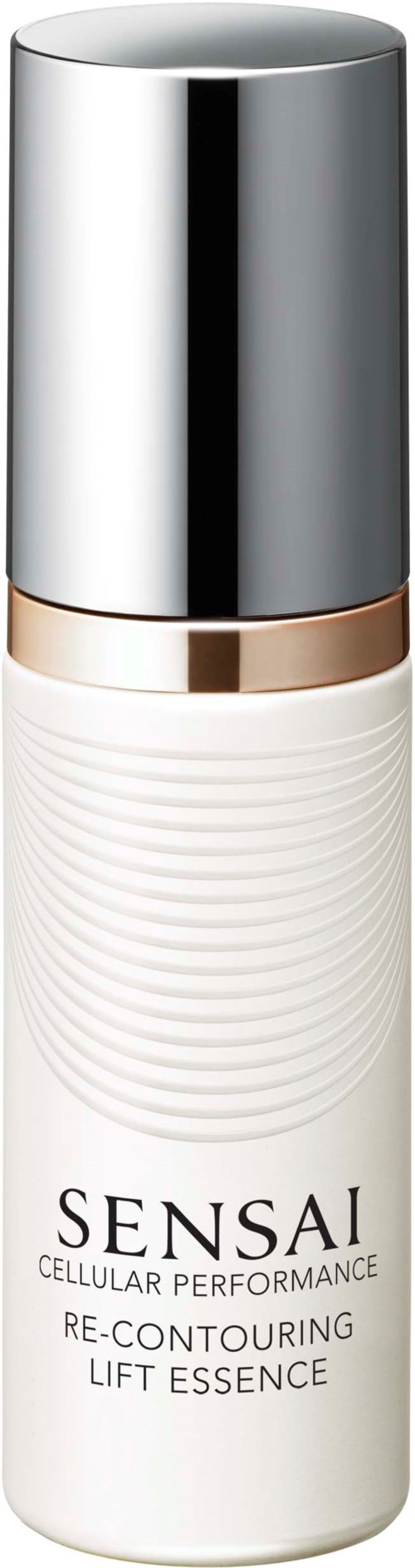 En hvit flaske med sølvhette, merket Sensai Re-Contouring Lift Essence, for hudpleie.