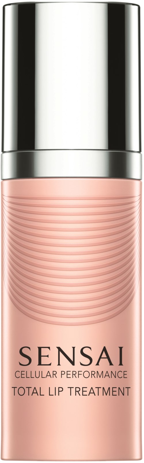 En rosa flaska med en silverlock, märkt 'Sensai Cellular Performance Total Lip Treatment.'