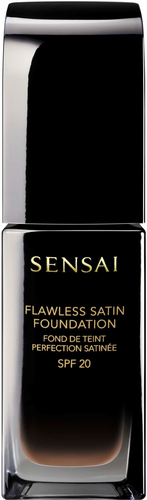 Mustavalkoinen ja kultainen pullo Sensai Flawless Satin Foundation, SPF 20.