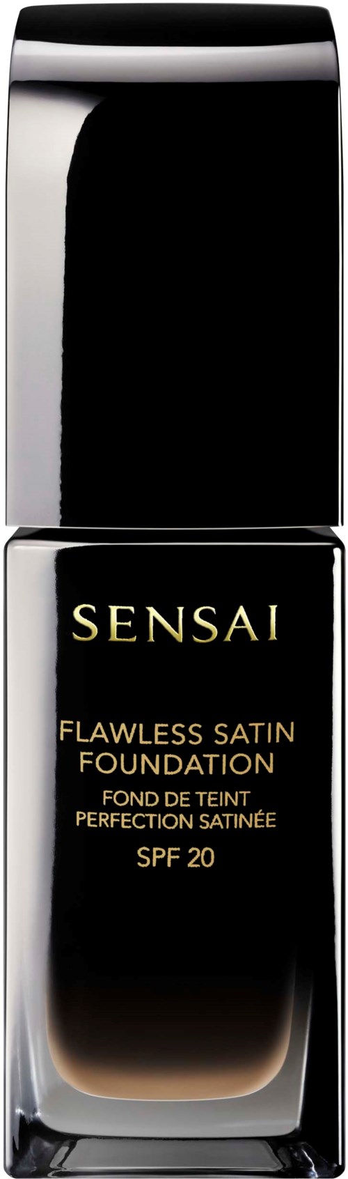 En flaske Sensai Flawless Satin Foundation med SPF 20, svart og gull emballasje, elegant design.