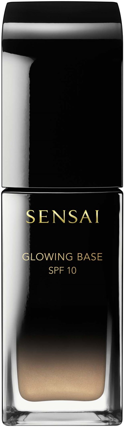 En lang sort-guld flaske mærket 'Sensai Glowing Base SPF 10' med et slankt, skinnende design.