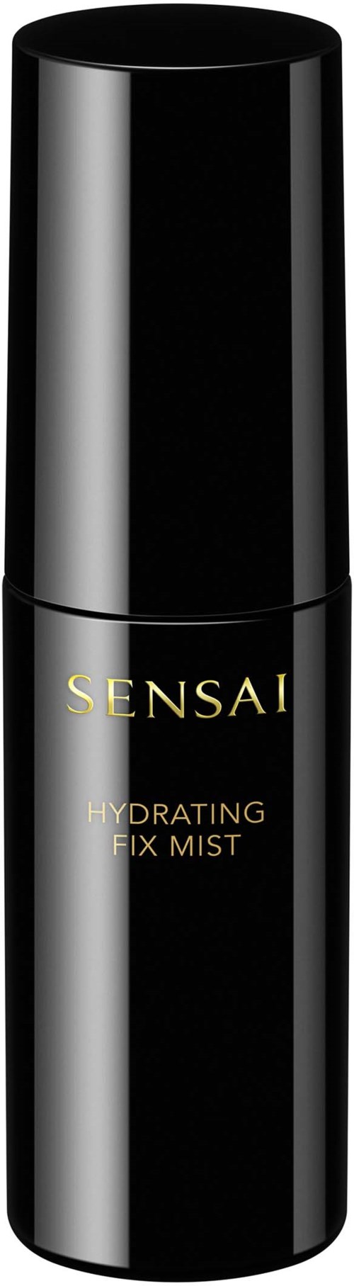 Sort cylindrisk flaske med mærket 'Sensai Hydrating Fix Mist' med guldskrift.