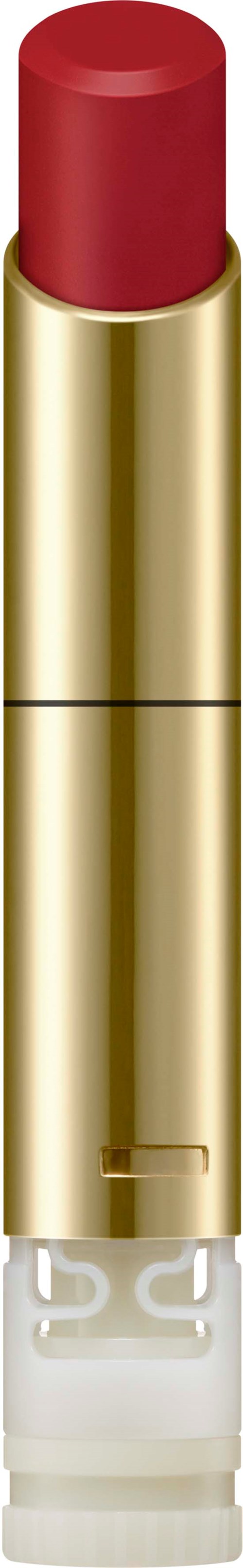 Ein roter Lippenstift in einem goldenen Röhrchen. Der Lippenstift ist leicht aus dem Röhrchen herausgezogen.