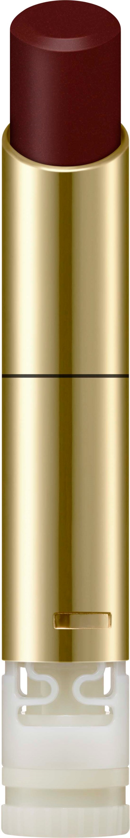 Ein roter Lippenstift in einem goldenen Röhrchen. Der Lippenstift ist ausgefahren und einsatzbereit.
