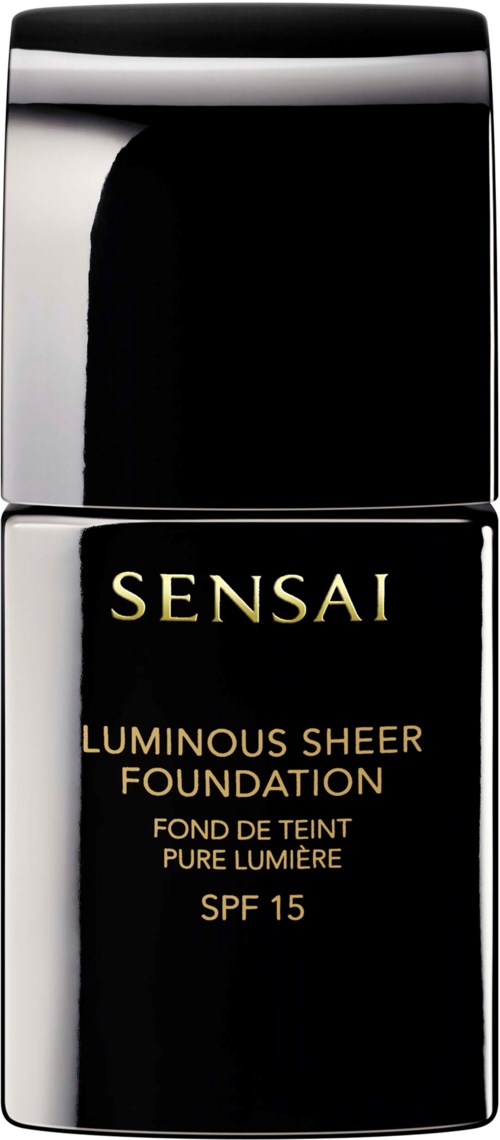 En svart och guldig flaska av Sensai Luminous Sheer Foundation med SPF 15.