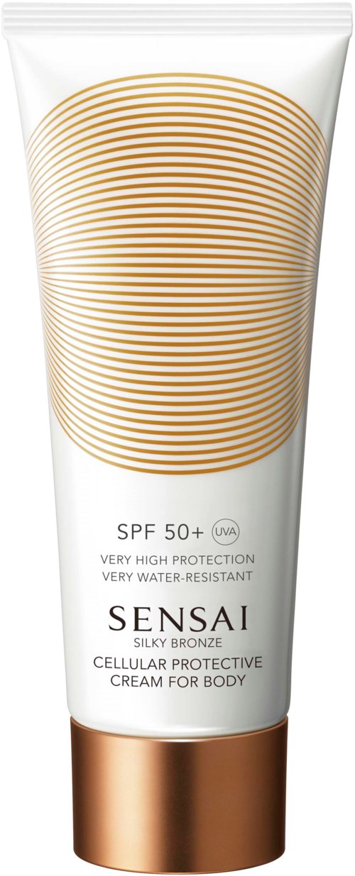 Rör av Sensai Silky Bronze solskyddsmedel med SPF 50+ och vattentålighet. Gulddesign på vit bakgrund.