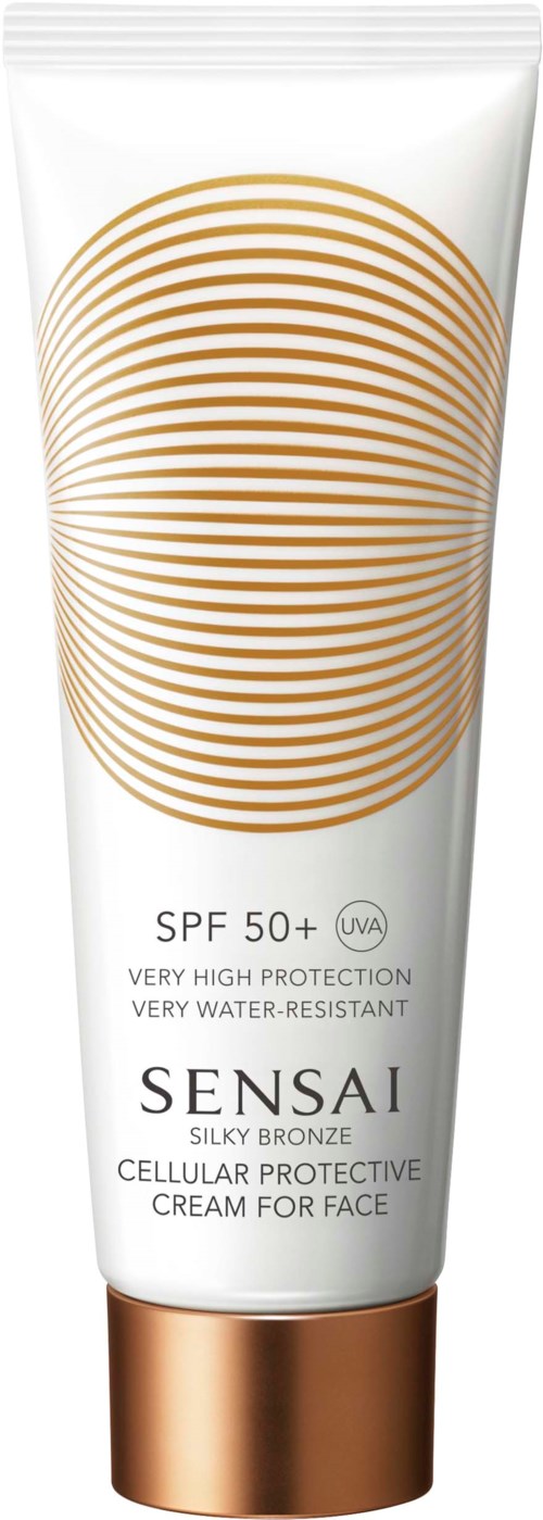 Witte gezichtscrème tube met gouden cirkelontwerp, SPF 50+, en Sensai branding voor zonbescherming.