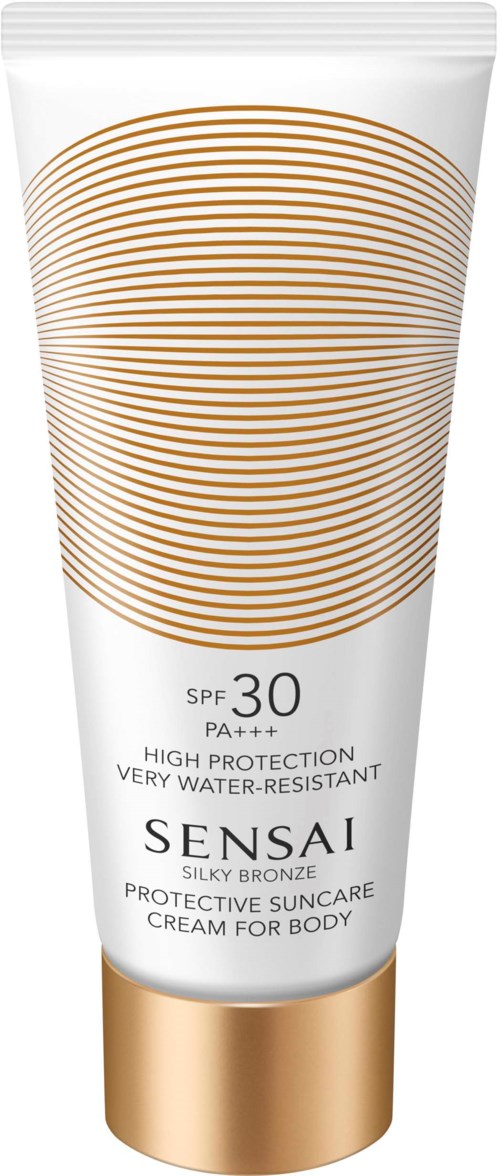 Sonnencreme Tube mit SPF 30, PA+++ Markierungen, in Weiß und Gold, als schützend und wasserfest gekennzeichnet.