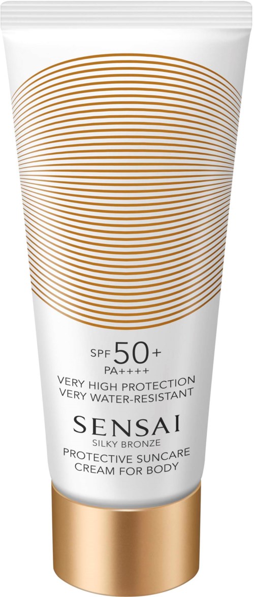 En vit solkrämstub med guldkapsel, SPF 50+, med en spiraldesign på framsidan.