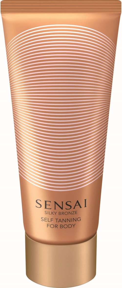 En solfärgad självbrun krämtub med vita spiralränder och svart text, märkt 'Sensai Silky Bronze' för kroppen.
