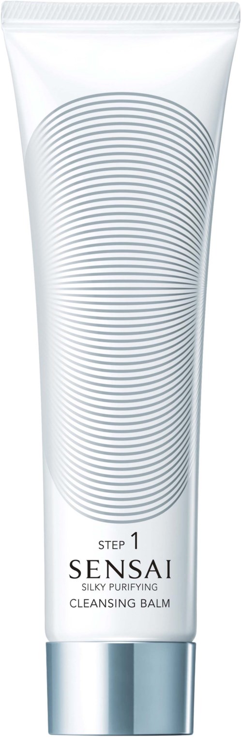 En tub med Sensai Silky Purifying Cleansing Balm med silver- och vitdesign, märkt 'Steg 1'.