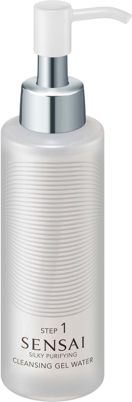En vit flaska med pump, märkt Sensai Silky Purifying Cleansing Gel Water, används för att rengöra huden.