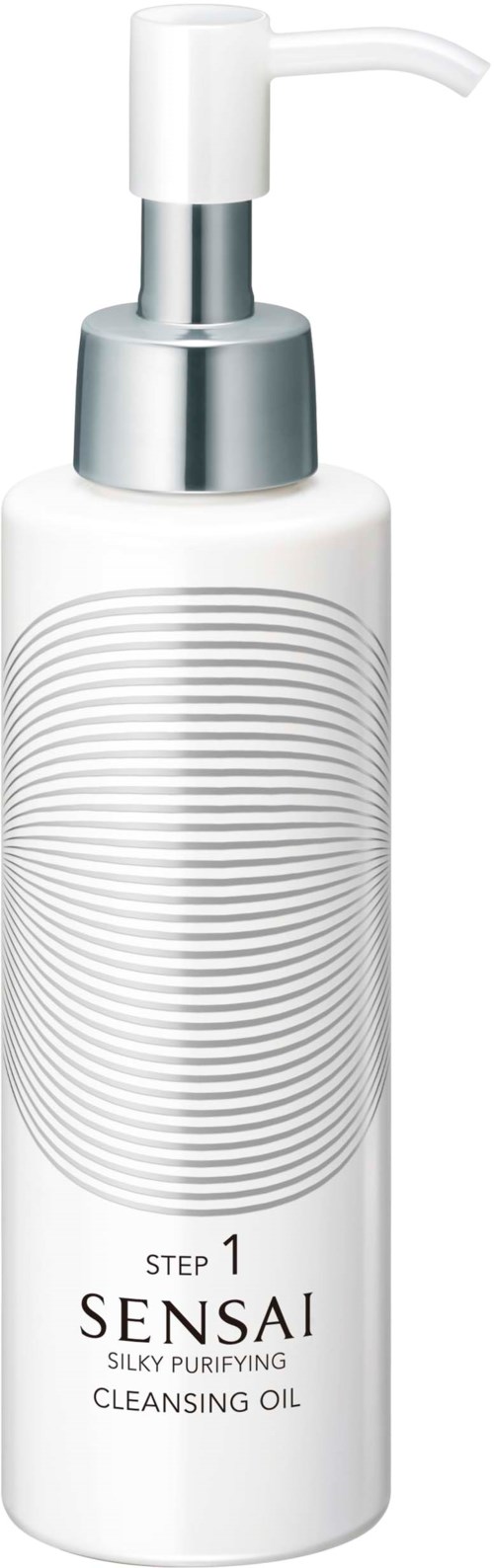 En vit flaska med pump, märkt 'Sensai Silky Purifying Cleansing Oil,' med cirkeldiagram på etiketten.