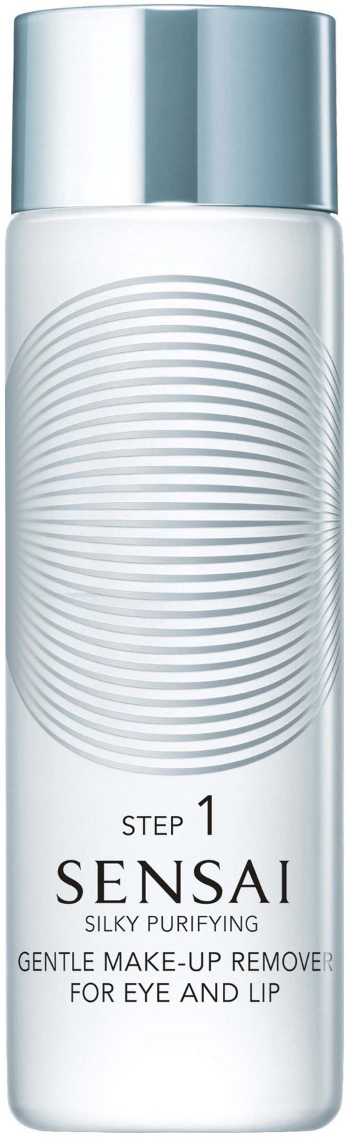 En hvid flaske med sølvhætte, mærket Sensai, til mild fjernelse af makeup fra øjne og læber, med buede linjer.