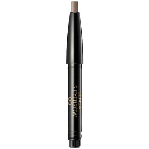 En svart penn med en beige tupp, merket 'SEYBROW' og '03'. Det ser ut til å være en brynpenn for sminke.