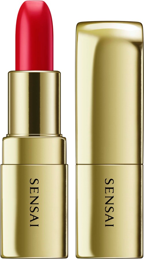 Roter Lippenstift mit goldener Verpackung, beschriftet 'SENSAI'.