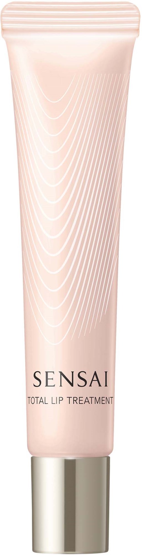 En lyserød tube af Sensai Total Lip Treatment med en sølvhætte. Tuben har et delikat bølgemønster og sort tekst.