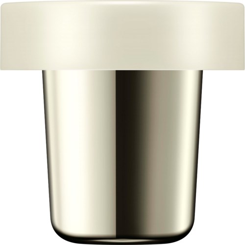 En lille, skinnende sølv- og hvid beholder, måske en vase eller krukke, med rund top.