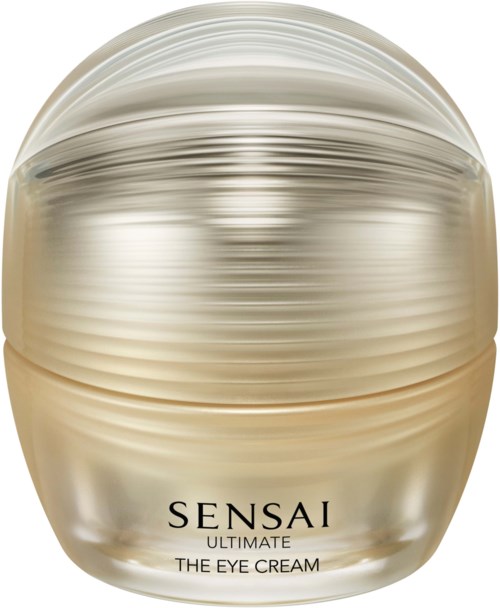 En gylden, rund beholder med mærket Sensai Ultimate Eye Cream, med en blank overflade og et glat, elegant design.