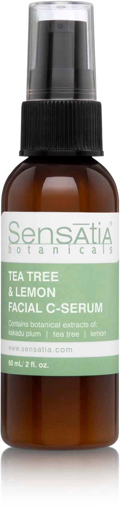Een bruin flesje met een zwart spraydop bevat Sensatia Botanics Tea Tree & Lemon Facial C-Serum.
