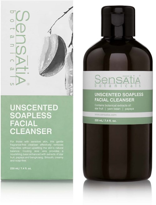 A dark bottle and box of Sensatia Botanicals unscented soapless facial cleanser, with light green labels and text.