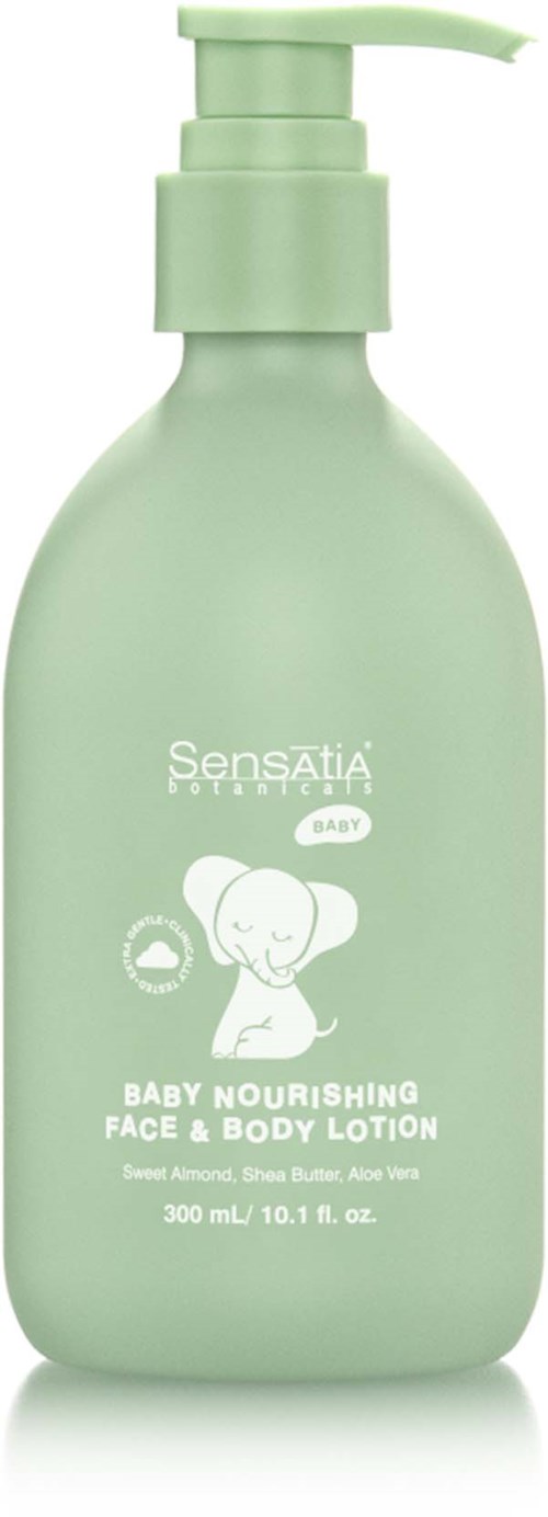 A light green bottle with a pump dispenser, labeled as baby nourishing face and body lotion with a cute elephant logo.