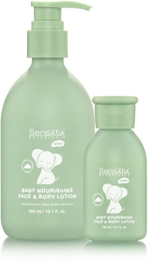 Two light green bottles of baby face and body lotion, one large with a pump and one small with a cap.