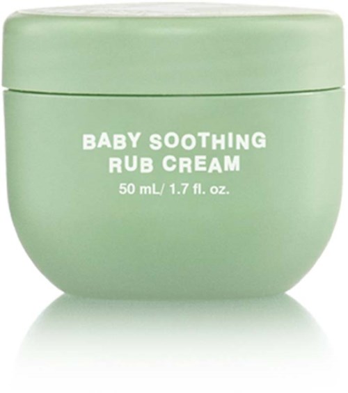 A light green jar labeled for baby soothing rub cream, contains 50 mL or 1.7 fl oz.
